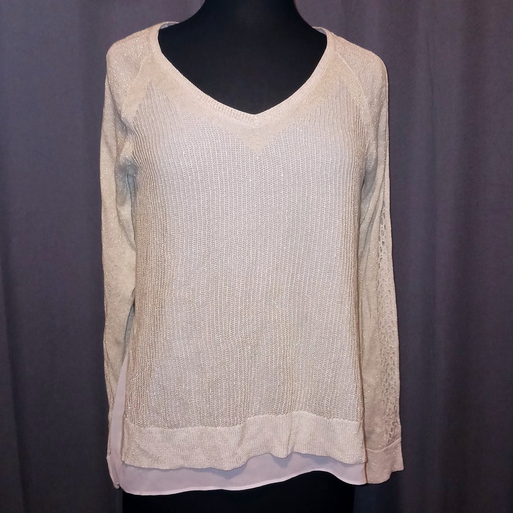 Lucky Brand Champagne Gold Shimmer Metallic Chiffon Layered Sweater Crochet M